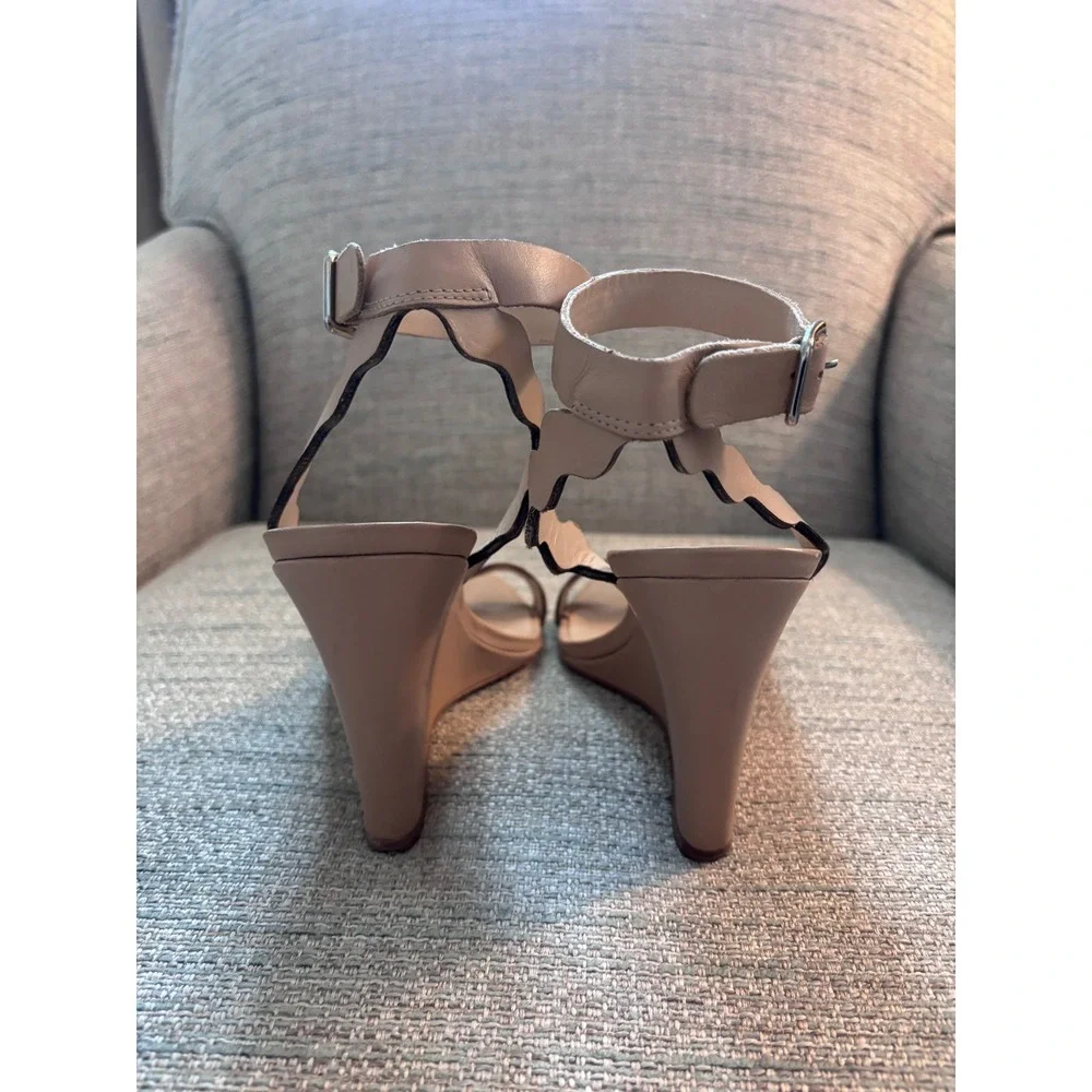 Loeffler Randall Emi Nude Leather Scalloped Wedge Sandals Ankle Strap Tan Size 8